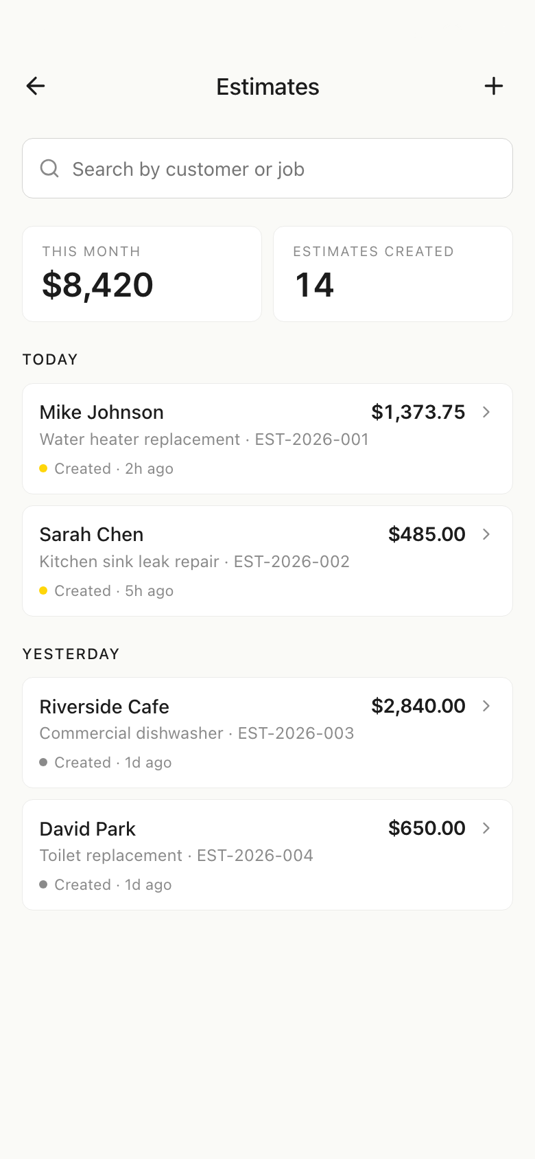 Estimates history screen with search, monthly total and estimate count stats, and past estimates grouped by day